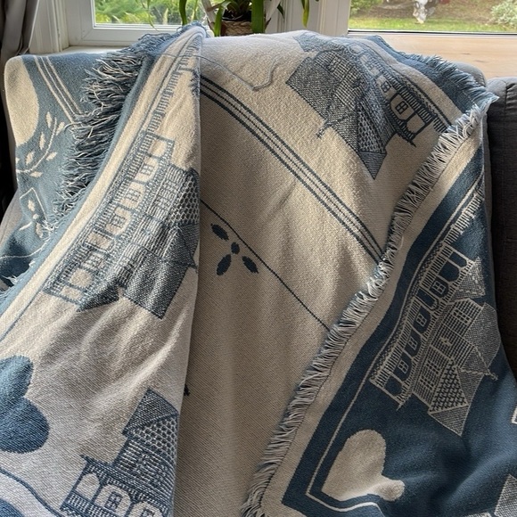 Vintage Blue & White Heart Cotton Blanket Reversible Goodwin Weavers Knit - Picture 10 of 13